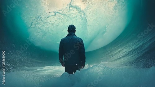 Man stands in ocean waves as enormous wave curls over him during sunset at a seaside location