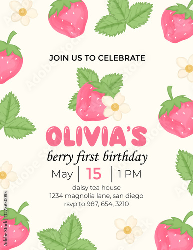 Birthday invitation card vector template. Strawberry birthday Party theme with strawberry watercolor background.