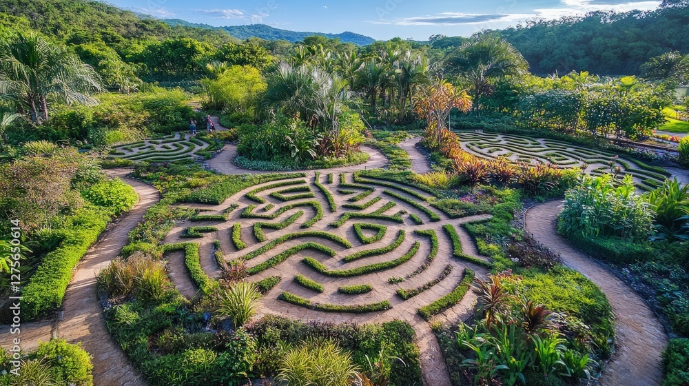 Aerial View of an Intricate Garden Maze Surrounded by Lush Nature