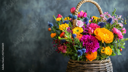 A colorful floral arrangement in a rustic basket showcases vibrant blooms and delicate petals. AI generative photo