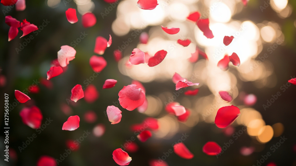 Falling rose petals create a romantic backdrop, setting a beautiful and intimate scene filled with love and passion.  AI generative