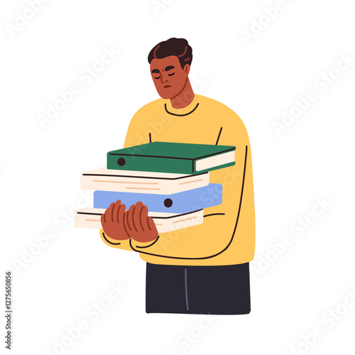 Tired employee holding paper documents stack. Sad bored fatigue office worker, clerk overloaded with paperwork, exhausted by bureaucracy. Flat vector illustration isolated on white background