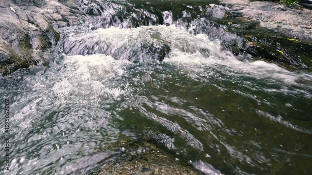 A stormy stream flows over the stepped stones, forking A stormy stream flows over the stepped stones, forking