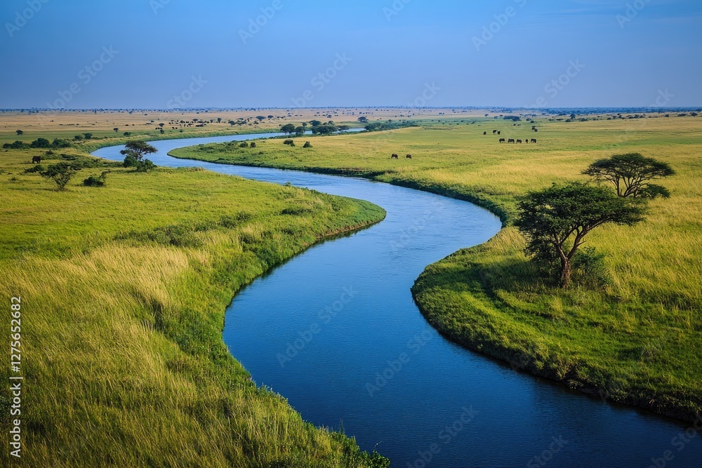 A winding river meanders through the vast grasslands of Africa, surrounded by lush greenery and vibrant wildlife. A winding river meanders through the vast grasslands of Africa, surrounded by lush greenery and vibrant wildlife.