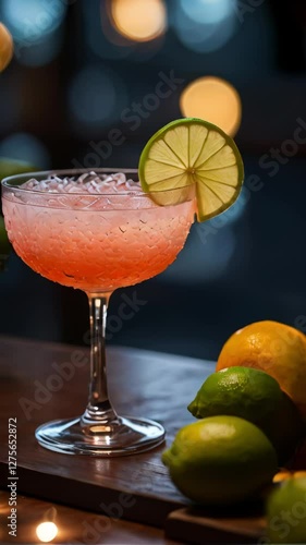 A refreshing margarita served in a coupe glass with a lime wheel garnish, set in a cozy bar setting with warm lighting and citrus fruits. Perfect for a festive evening