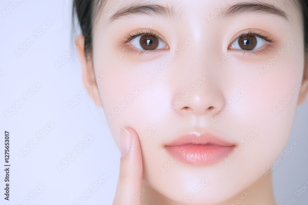 頬を指さす透明感あふれる美しい女性 頬を指さす透明感あふれる美しい女性