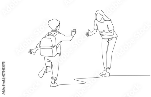 Continuous one line drawing of mother welcoming son backing from school with open arms, parenthood time concept, single line art