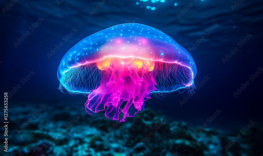 A Vibrant Jellyfish Floating Gracefully in the Deep Ocean Waters A Vibrant Jellyfish Floating Gracefully in the Deep Ocean Waters