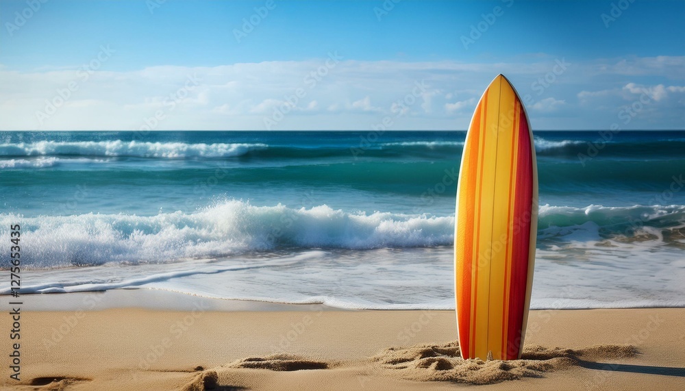 A surfboard stands upright in the sand, with waves crashing in the background. The scene captures the essence of adventure and the thrill of the ocean, evoking a sense of freedom and excitement. A surfboard stands upright in the sand, with waves crashing in the background. The scene captures the essence of adventure and the thrill of the ocean, evoking a sense of freedom and excitement.