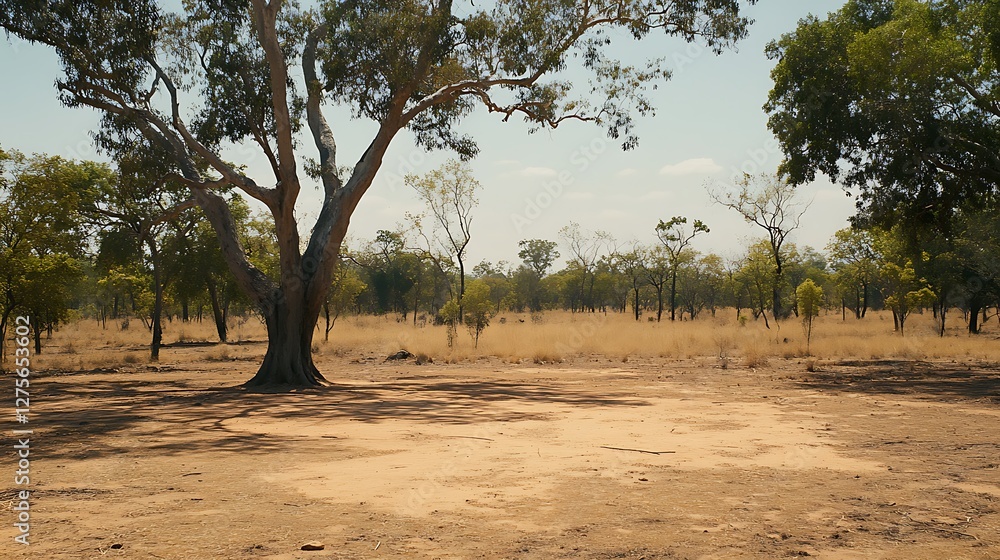 A Large Tree Stands Tall in a Dry Savanna Landscape A Large Tree Stands Tall in a Dry Savanna Landscape