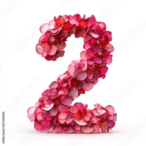 Number 2 made of delicate flower petals in shades of pink and red isolated on a clean white background