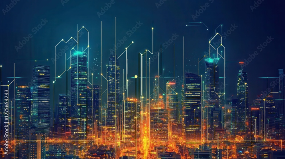 Futuristic Cityscape Revealed with Vibrant Lights and Digital Connections in a Nighttime Urban Environment Futuristic Cityscape Revealed with Vibrant Lights and Digital Connections in a Nighttime Urban Environment