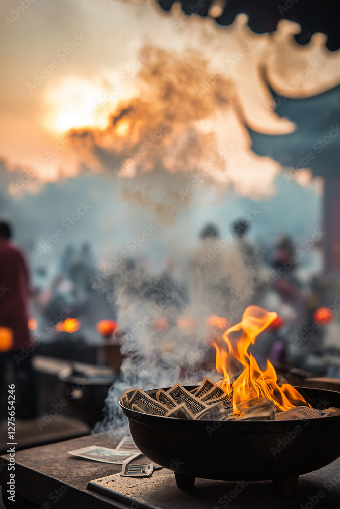 Family burning paper money during Qingming Festival, flames rising against ancestral graves with lanterns casting a warm, reverent glow in the solemn atmosphere Generative AI Family burning paper money during Qingming Festival, flames rising against ancestral graves with lanterns casting a warm, reverent glow in the solemn atmosphere Generative AI