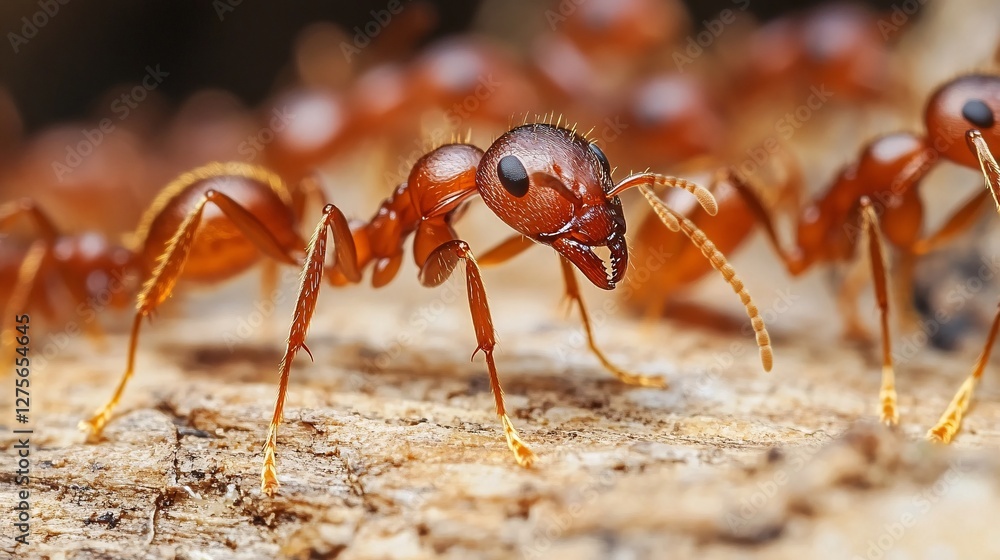 Red Ants Crawling On A Wooden Surface Red Ants Crawling On A Wooden Surface