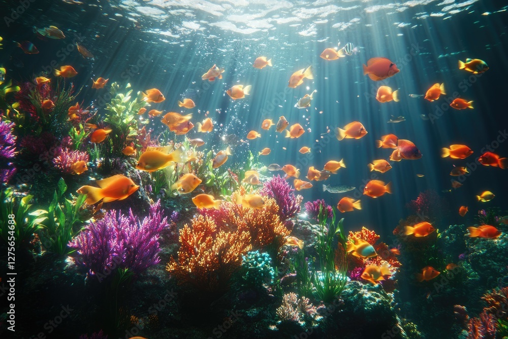 Naklejka premium Vibrant coral reef teeming with diverse colorful fish, sunlight streams through the water.