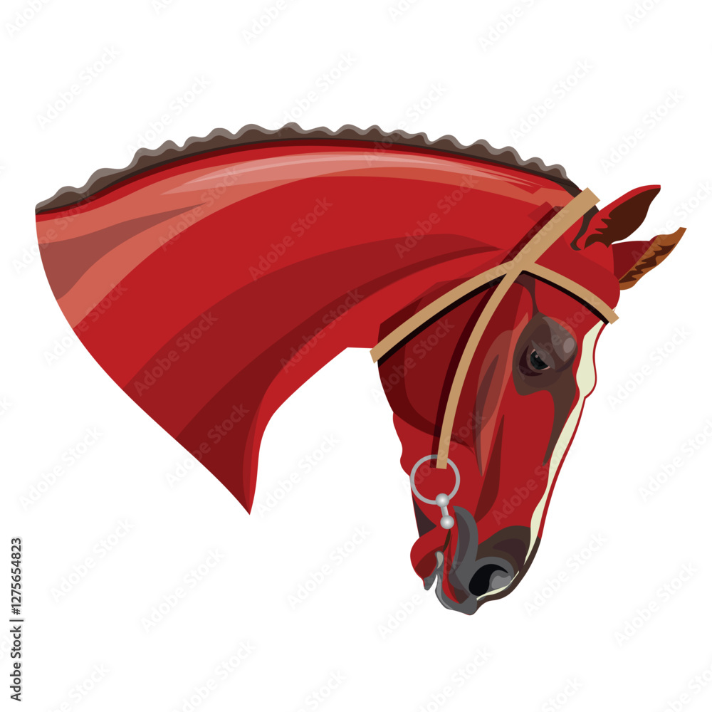 Obraz premium Horse head portrait with bridle, close up, side view. Stallion face. Vector illustration isolated on a white background in realistic style