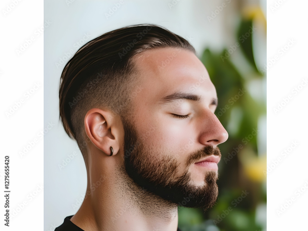 Obraz premium Calm contemplation of a man with a stylish haircut and beard in a serene indoor setting surrounded by green plants