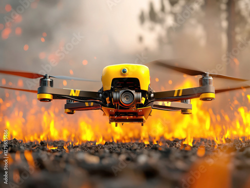 A drone flying over a fiery landscape, showcasing innovation. photo