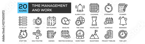 Time Management and Work icon collection set. Containing design Alarm Clock, Calendar, Stopwatch, Planner, To-Do List