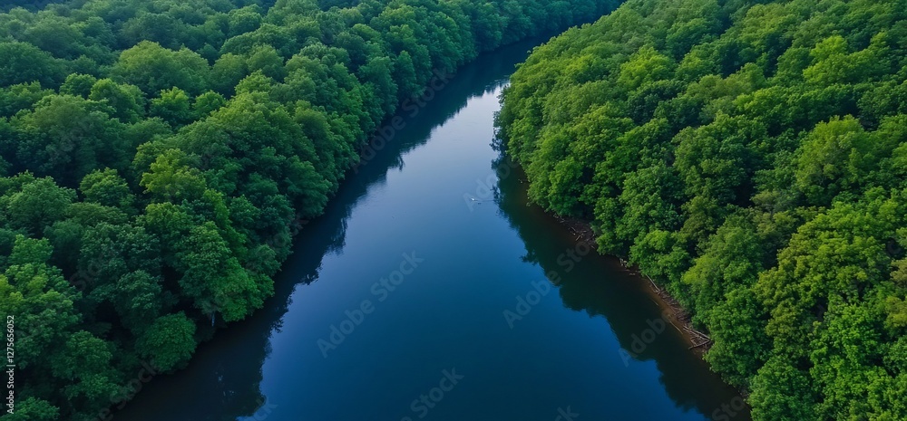Aerial perspective of a river flowing through a lush green forest, creating a serene and natural landscape view Aerial perspective of a river flowing through a lush green forest, creating a serene and natural landscape view
