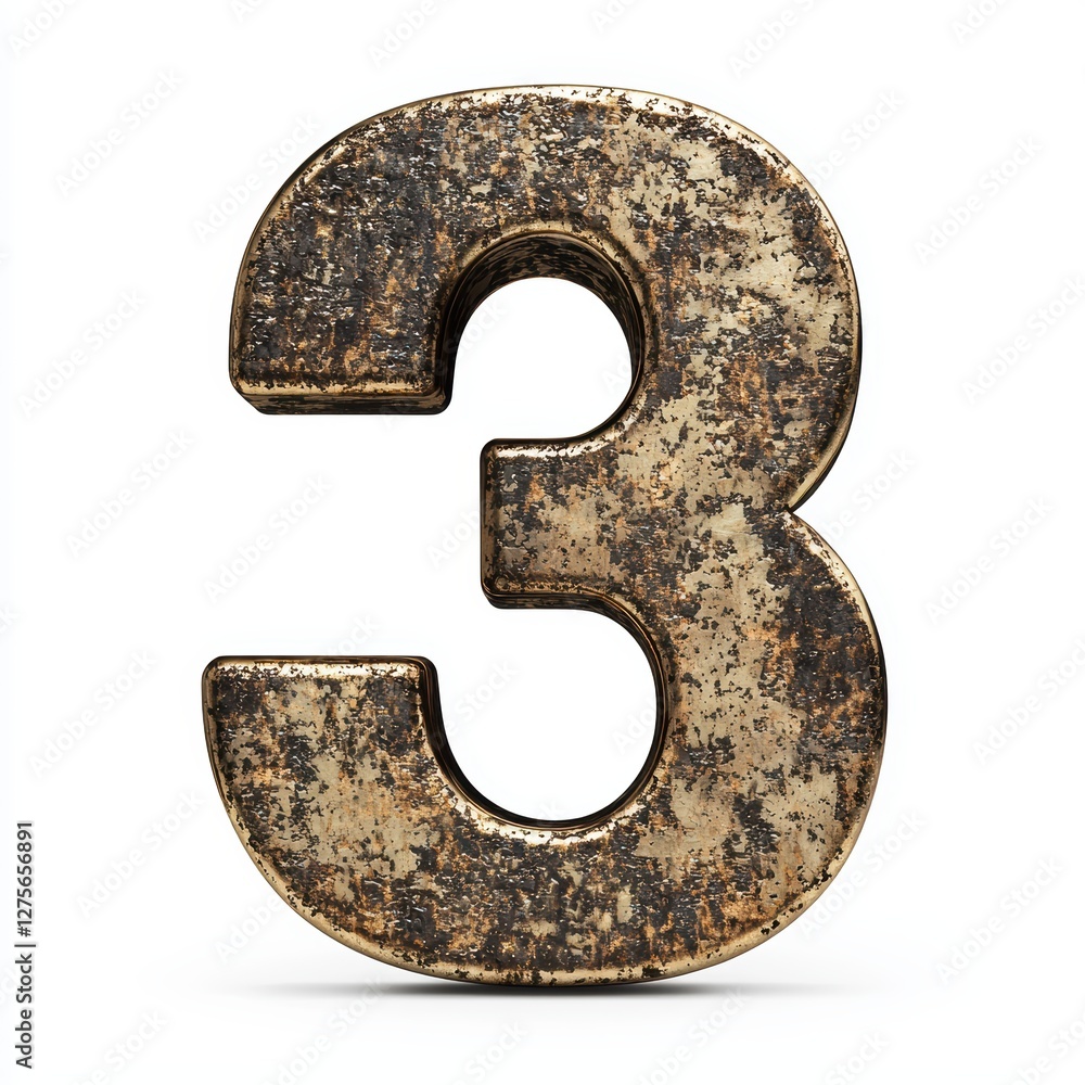 Number 3 made of antique brass with a slightly aged texture isolated on a clean white background Number 3 made of antique brass with a slightly aged texture isolated on a clean white background