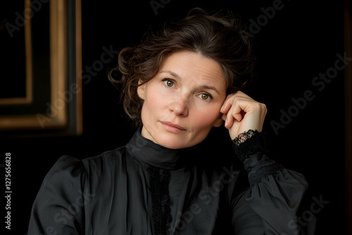 Portrait of a contemplative woman in a vintage black dress illustrating emotions of reflection and inner thoughts