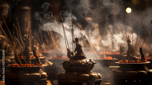 Incense Sticks Burning in a Traditional Temple Setting