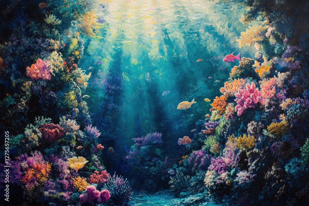 Naklejka premium Vibrant underwater scene showcasing a colorful coral reef teeming with diverse fish species, bathed in sunlight.