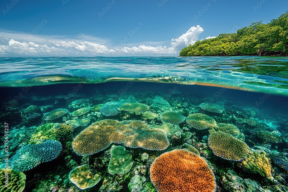 Fototapeta premium Vibrant coral reef teeming with life beneath a tropical island's idyllic shoreline.