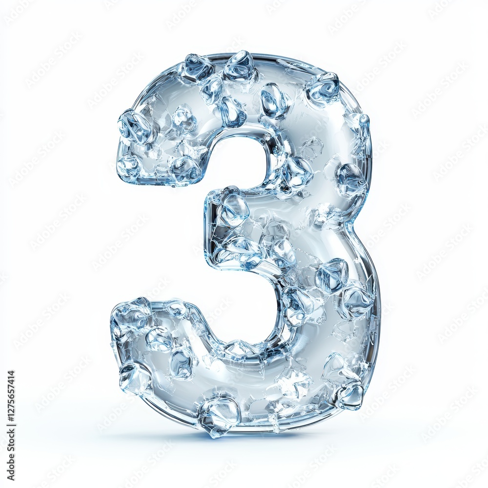 Number 3 made of frozen crystal-clear ice with frosty edges isolated on a clean white background Number 3 made of frozen crystal-clear ice with frosty edges isolated on a clean white background