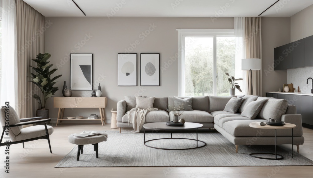 A Calming Modern Living Room with Clean Design, Soft Cushions, and Potted Greenery A Calming Modern Living Room with Clean Design, Soft Cushions, and Potted Greenery