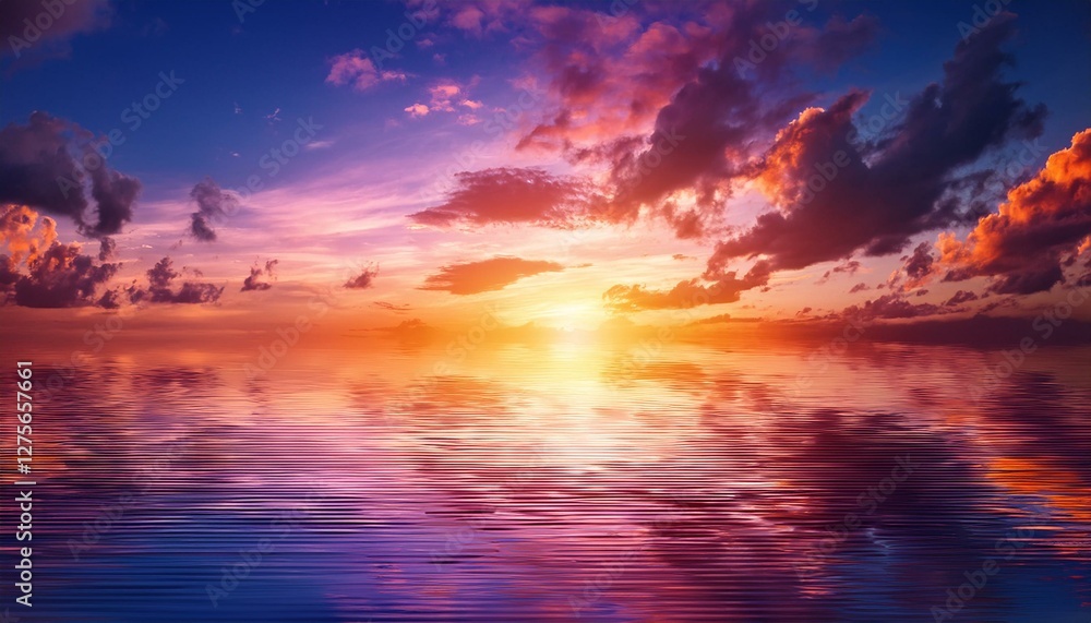 Fototapeta premium A surreal sunset over a glassy ocean, with the sky painted in vibrant shades of pink, purple, and orange, creating a dreamlike and peaceful atmosphere.