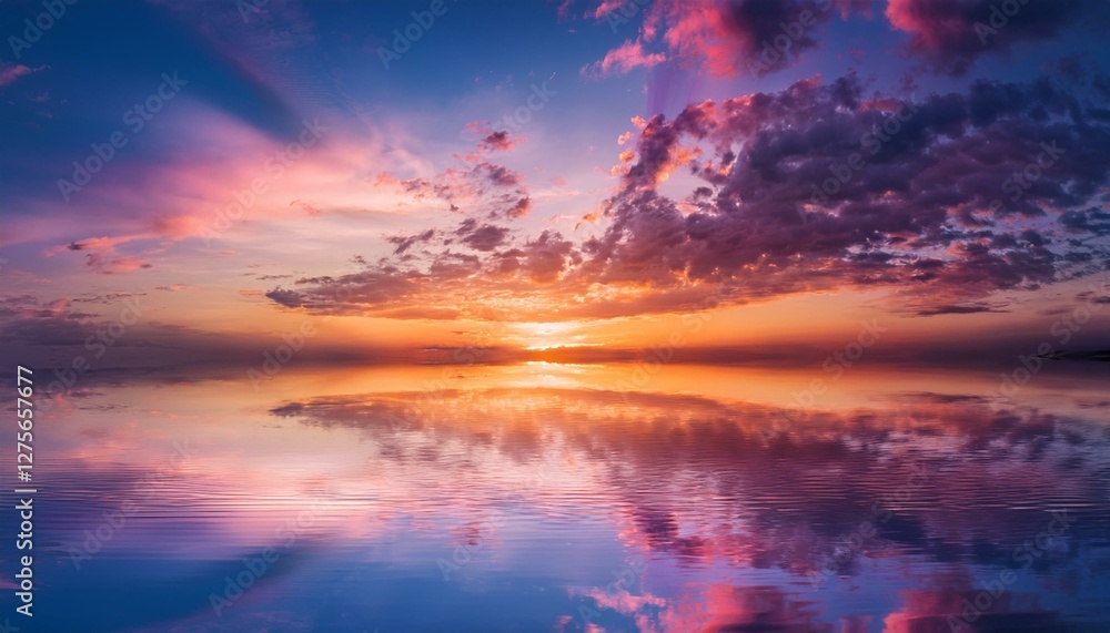 Obraz premium A surreal sunset over a glassy ocean, with the sky painted in vibrant shades of pink, purple, and orange, creating a dreamlike and peaceful atmosphere.