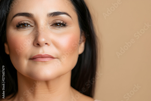Portrait of a confident woman with a calm expression against a warm background, symbolizing inner strength and beauty beyond age