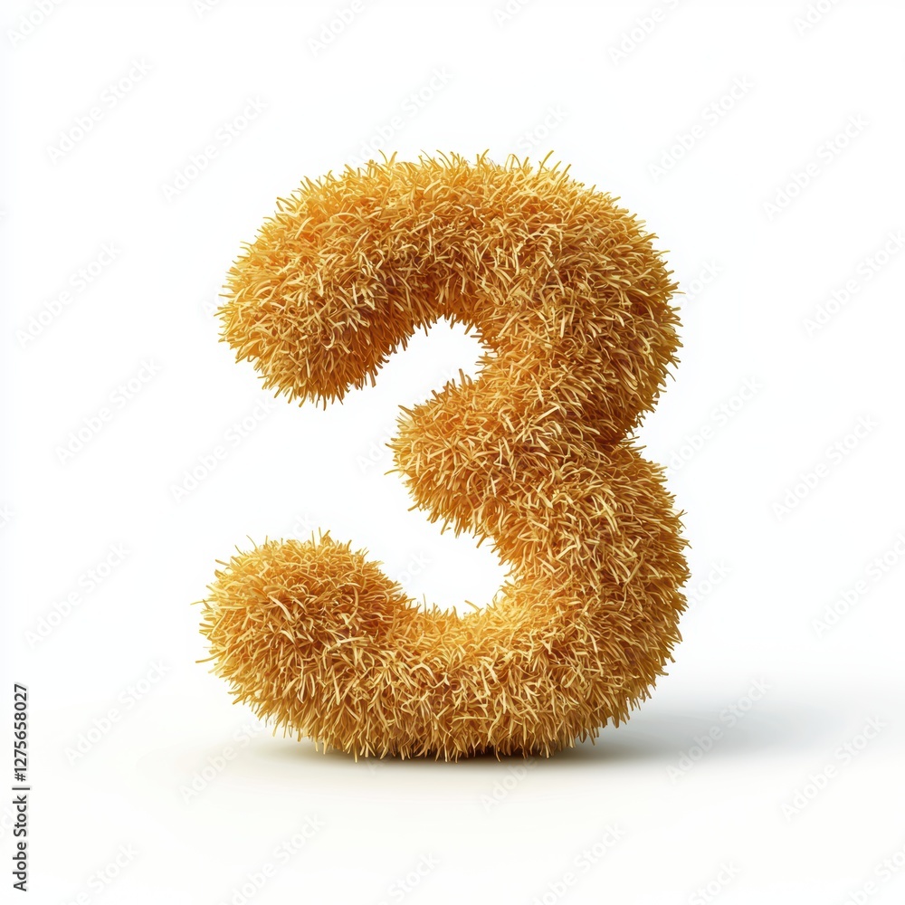 Number 3 made of golden crispy bread with a fluffy texture isolated on a clean white background Number 3 made of golden crispy bread with a fluffy texture isolated on a clean white background