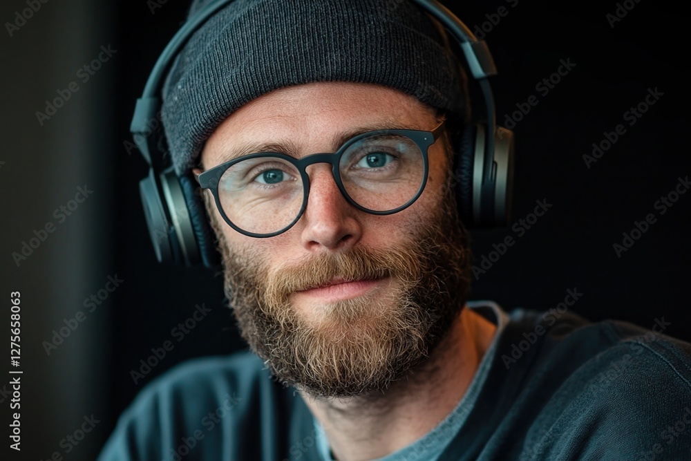 Fototapeta premium Young caucasian male with beard wearing headphones and glasses