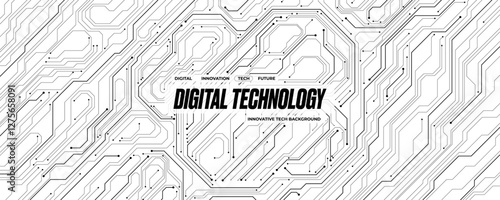 Black and white futuristic circuit board on technology background. Abstract circuit wires on white tech bg. AI concept. Digital banner with semiconductor elements. Vector illustration.