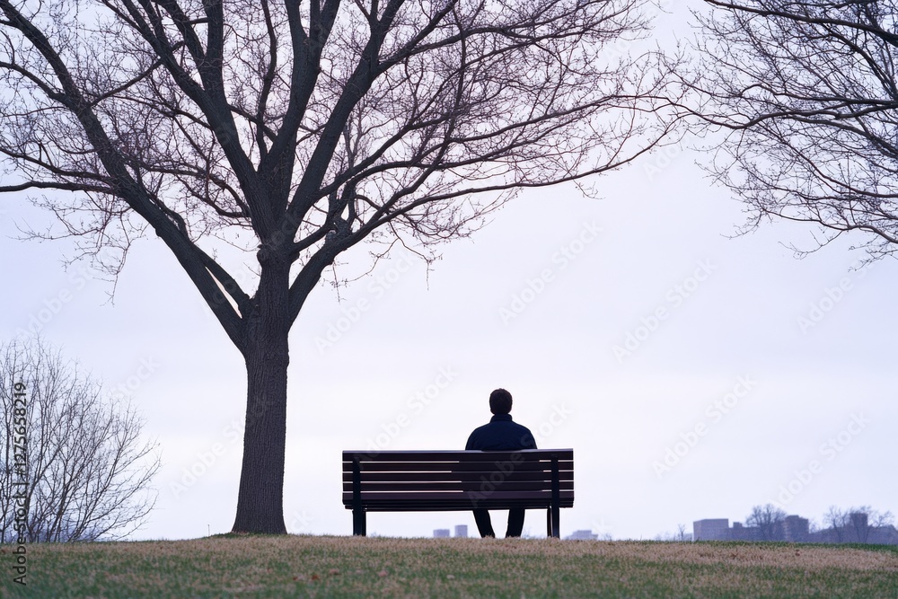 A solitary figure sits on a park bench under bare trees, reflecting on a calm winter day with a backdrop of distant city buildings. A solitary figure sits on a park bench under bare trees, reflecting on a calm winter day with a backdrop of distant city buildings.