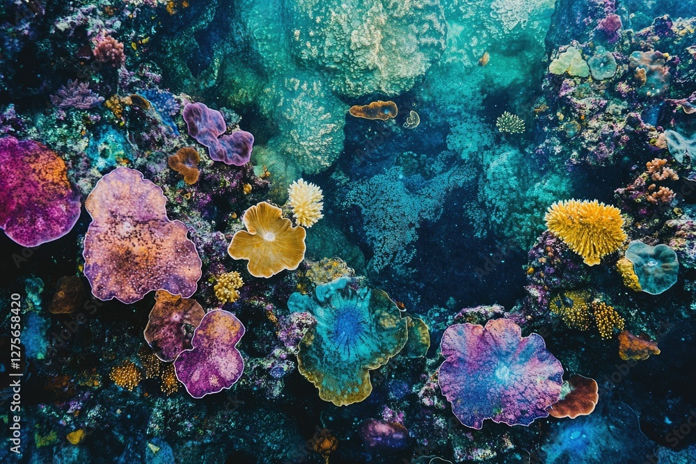 Fototapeta premium Vibrant coral reef teeming with diverse colorful corals and marine life, showcasing underwater beauty.