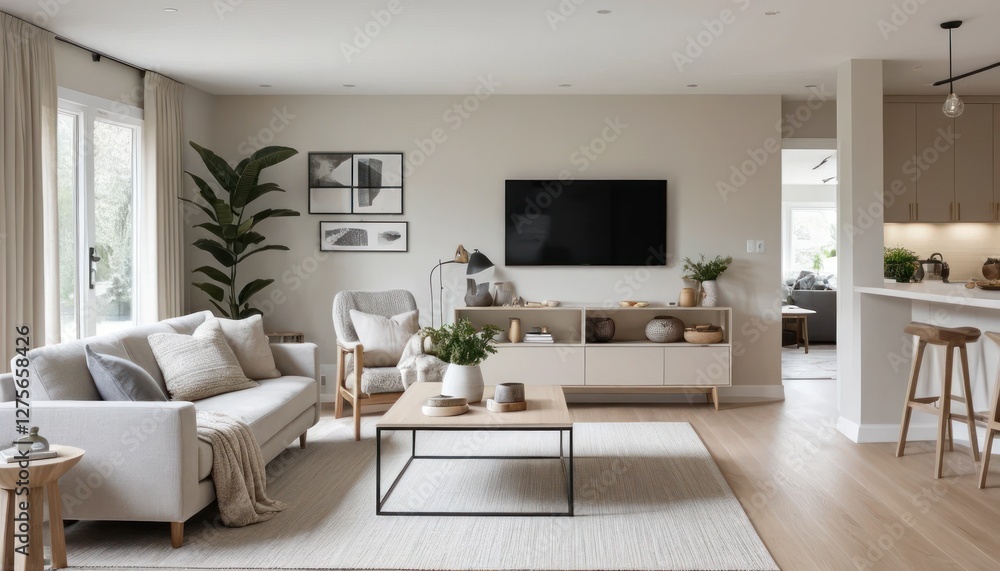 A Cozy Modern Living Space with Neutral Colors and a Clean, Open Layout A Cozy Modern Living Space with Neutral Colors and a Clean, Open Layout