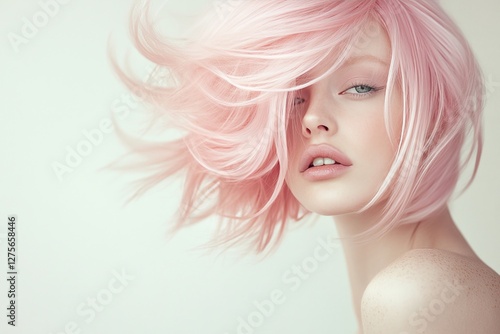 Fashionable portrait of a woman with pastel pink hair and topaz eyes