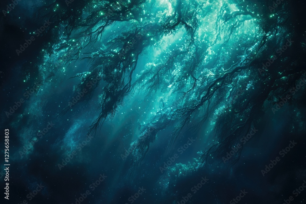 Obraz premium Enchanted underwater forest with glowing bioluminescent trees and mystical atmosphere.