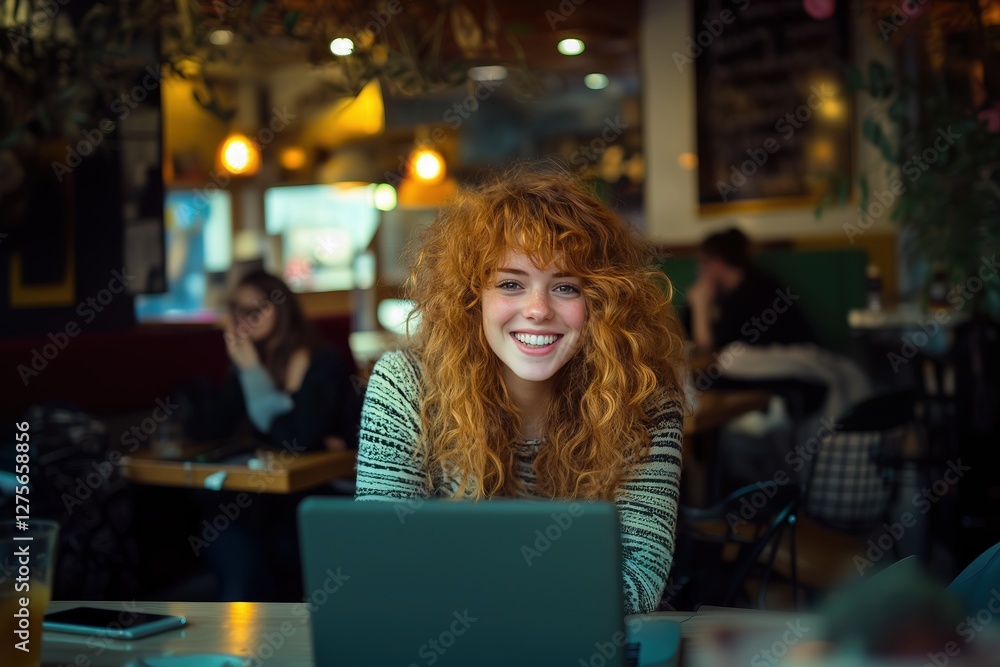 Young caucasian female smiling in cozy cafe setting with laptop Young caucasian female smiling in cozy cafe setting with laptop