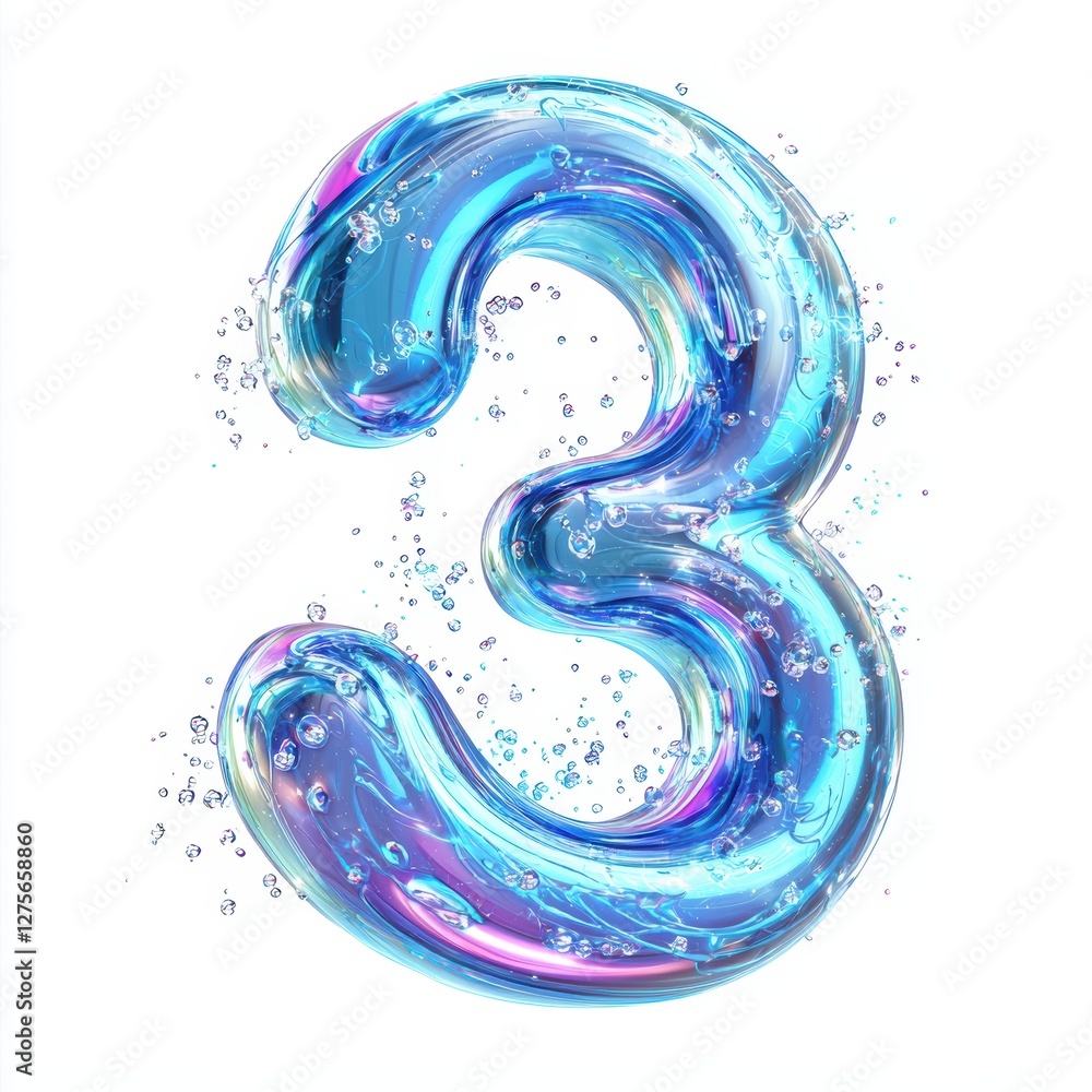 Number 3 made of swirling enchanted liquid with sparkling neon particles isolated on a clean white background Number 3 made of swirling enchanted liquid with sparkling neon particles isolated on a clean white background