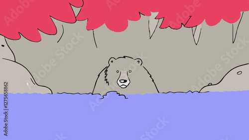 Brown bear emerging from a riverbank in a wild forest, vector art