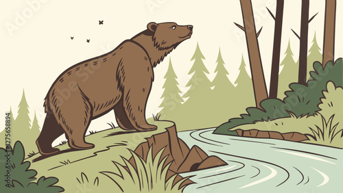 Brown bear emerging from a riverbank in a wild forest, vector art