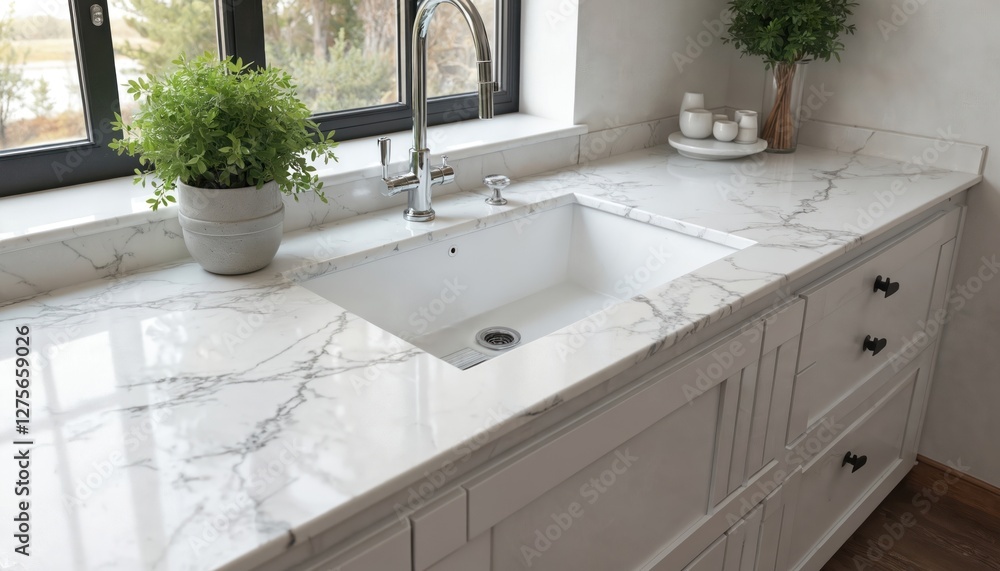 Modern bright kitchen interior with white marble countertop and sink. Stylish home design with stone surface and decor. Quartz bathroom worktops enhance house value. Interior design concept. Modern bright kitchen interior with white marble countertop and sink. Stylish home design with stone surface and decor. Quartz bathroom worktops enhance house value. Interior design concept.
