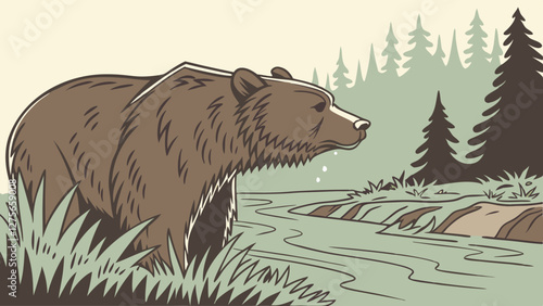 Brown bear emerging from a riverbank in a wild forest, vector art