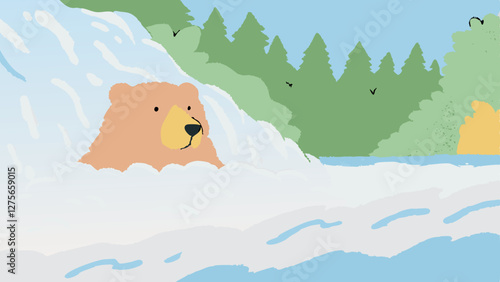 Brown bear emerging from a riverbank in a wild forest, vector art