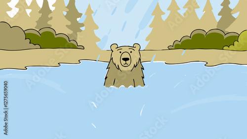 Brown bear emerging from a riverbank in a wild forest, vector art
